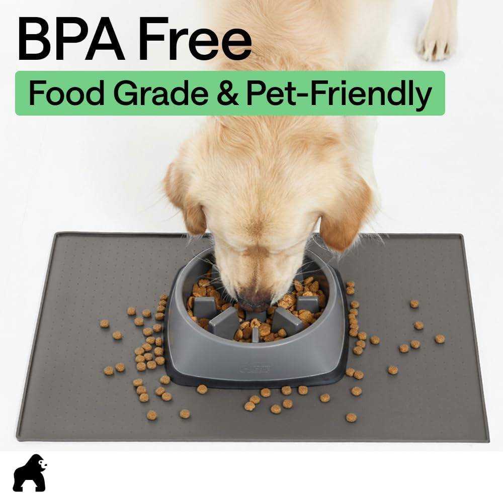 GORILLA GRIP 100% Waterproof Raised Edge BPA Free Silicone Pet Feeding Mat, Dog Cat Food Mats Contain Spills Protects Floors, Placemats for Cats and Dogs Water Bowl, Pets Accessories 18.5x11.5 Gray