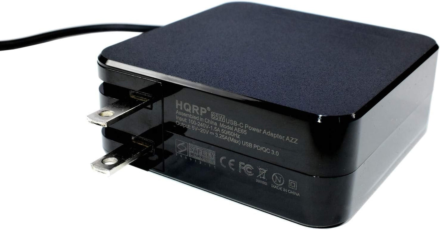 HQRP USB-C AC Adapter Compact Portable Fast Charger PD/QC 3.0 Type-C USB Power Supply Cord Black Cable (15W 27W 45W 65W 5V 9V 12V 15V 20V 3A 3.25A) Plus HQRP Euro Plug Adapter