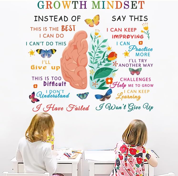 Classroom Growth Mindset Brain Wall Decal Posters Positive Peel and Stick Vinyl Wall Decor Removable Positive Wall Stickers Quotes Saying Wall Art for Teacher Student Classroom Playroom Decor