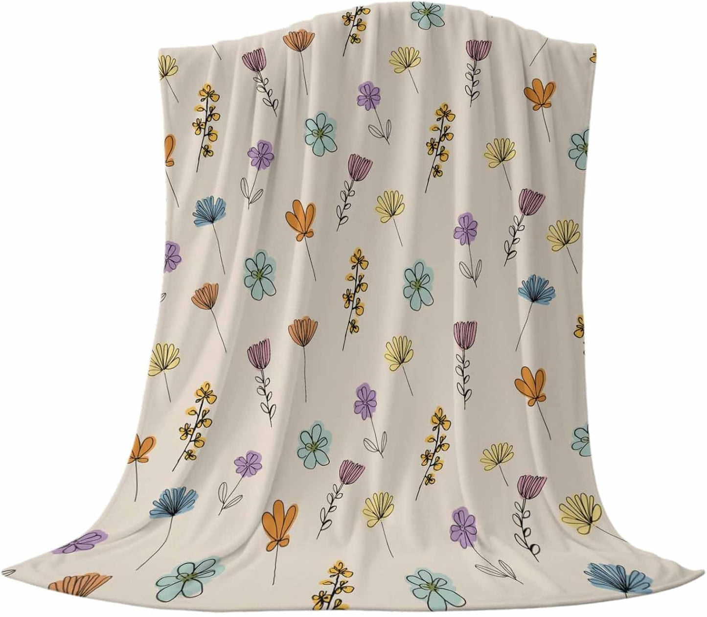 Spring Plant Throw Flannel Blanket 40x50In, Yellow Pink Purple Flower Farm Floral Beige Super Soft Cozy Bed Blanket, Lightweight Plush Fuzzy Bed Throw for Bedroom Sofa Couch Living Room