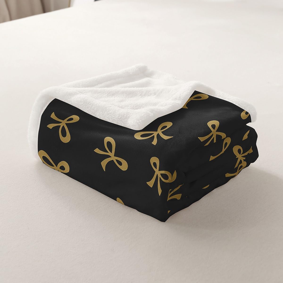 Feelyou Bow Black Gold Fleece Throw Blanket Cute Kawaii Sherpa Blanket for Kids Women Men Plush Fuzzy Ribbon Bow Knot Throw 50"x60" Princess Bowknot Girly for Bed Couch Chair Living Room Bedroom Decor
