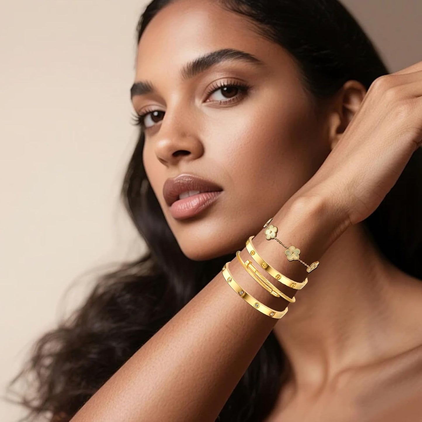 Gold Bracelets for Women-4Sets/3ets,18K Gold Plated Bracelet,Stainless Steel Bangle Bracelets Non Tarnish, Gold Bracelet Set Trendy Jewelry,Christmas Valentines Birthday Gifts for Girlfriend