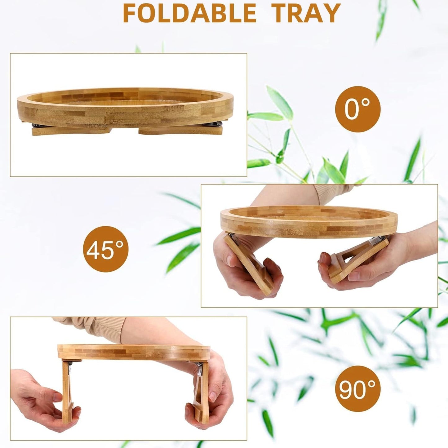 대나무 소파 암 트레이, 접이식 소파 팔걸이 클립온 트레이, 10.2cm-22.9cm(4~9인치) 팔걸이에 적합, 간식/음료/과일/디저트/Rmote용 원형 소파 암 테이블 (24.1x22.5x9cm(9.5x9.8x3.5인치))