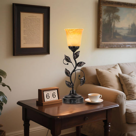 Vintage Bedside Touch Control Table Lamp 3 Way Dimmable, Amber Glass LED Reading Nightstand Light with 2 USB Charging Ports, Farmhouse Bronze Finish Leaf Desk Lamp for Living Room Bedroom