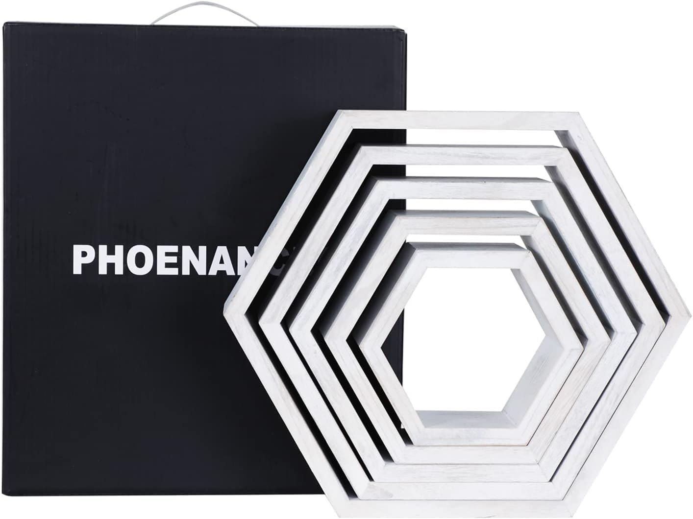 PHOENANCEE Hexagon Floating Shelves,Wall Mounted Wood Farmhouse Storage Honeycomb Wall Shelf Set of 5,for Bathroom, Kitchen, Bedroom, Living Room,Office,Driftwood Finish (Weathered White)