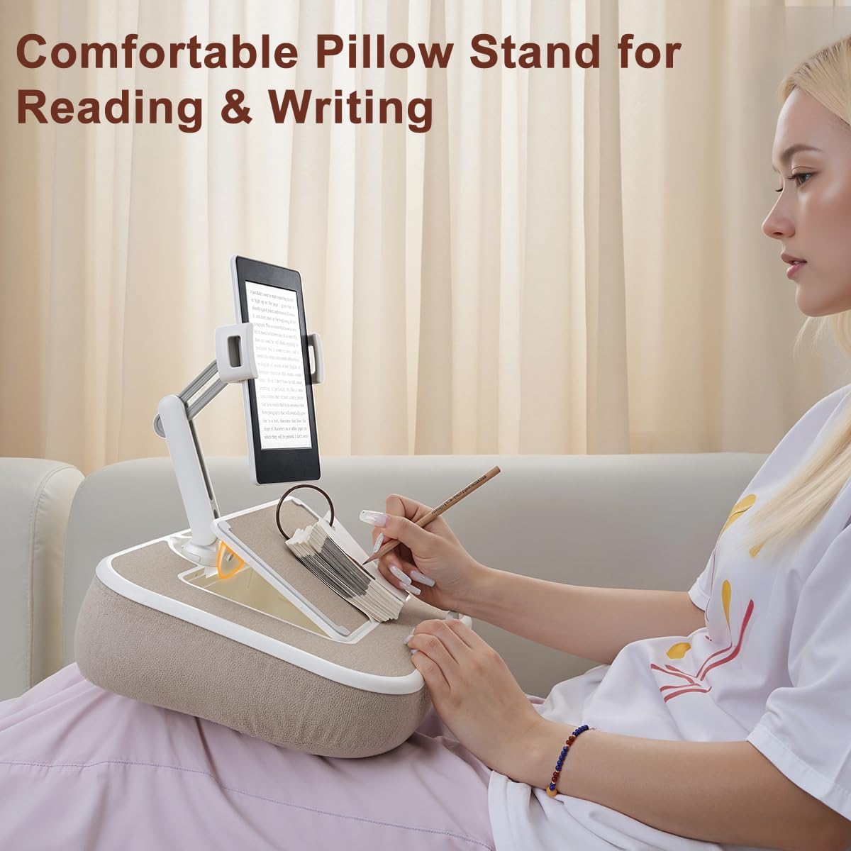 Tablet Pillow Stand,Phone Holder for Bed,Laptop Lap Desk with Snack Bowl,360° Rotating Clip Compatible with 4.7-13" iPad/Kindle/Phone,11-15" Laptop,Hands-Free Reading and Relaxation on Bed(Khaki)