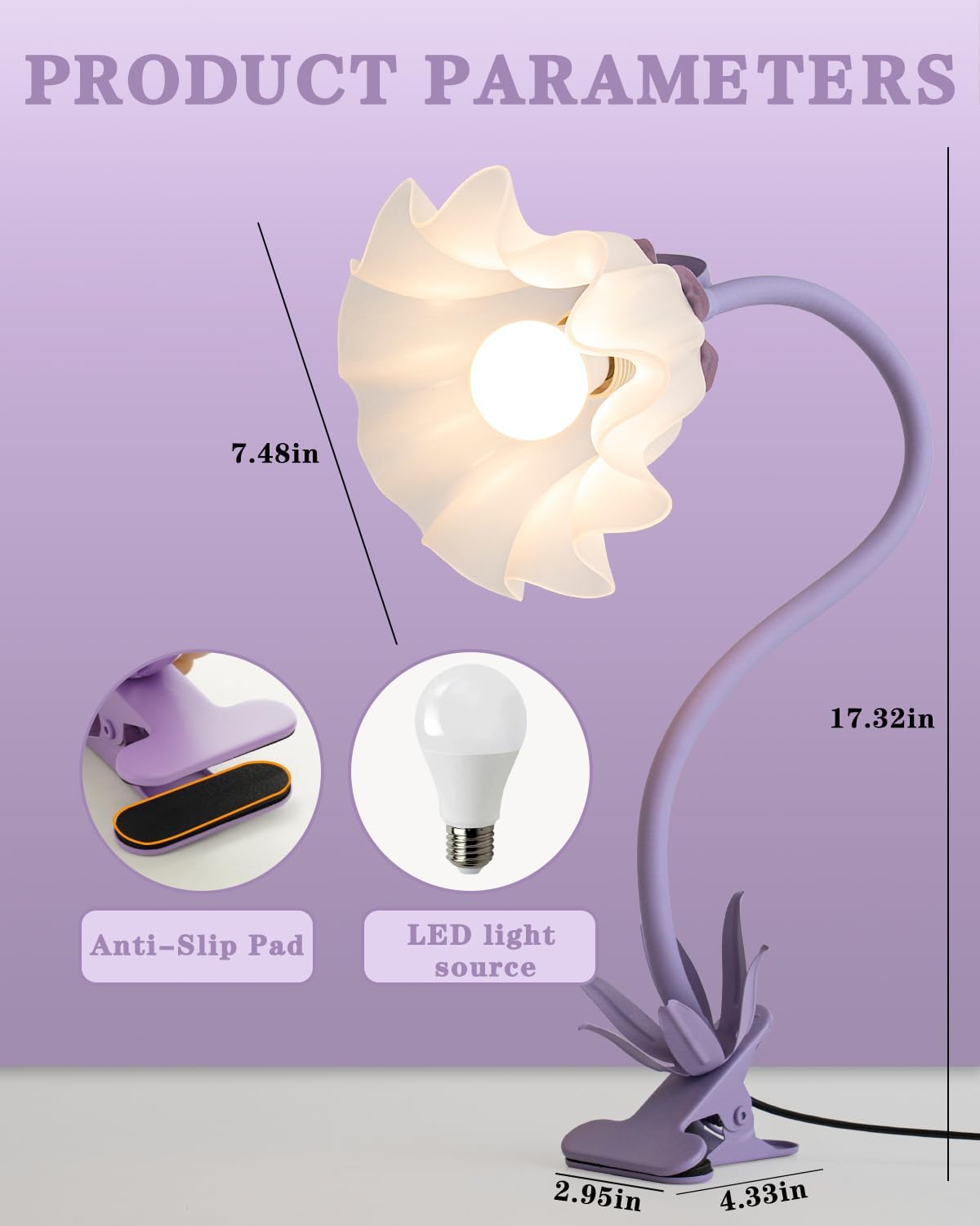 Flower Desk Lamp with Clamp - School Dorm Supplies, 3 Color Modes Flower Eye-Caring Clip on Light, Flexible Neck Reading Lamps for Home College Studying Room Bedside (Purple)