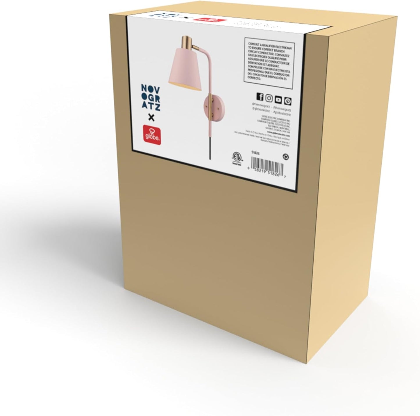 GLOBE Electric Cleo 1-Light Plug-in or Hardwire Wall Sconce, Blush Pink, Matte Brass Accents, Black Cloth Cord, Bulb Not Included