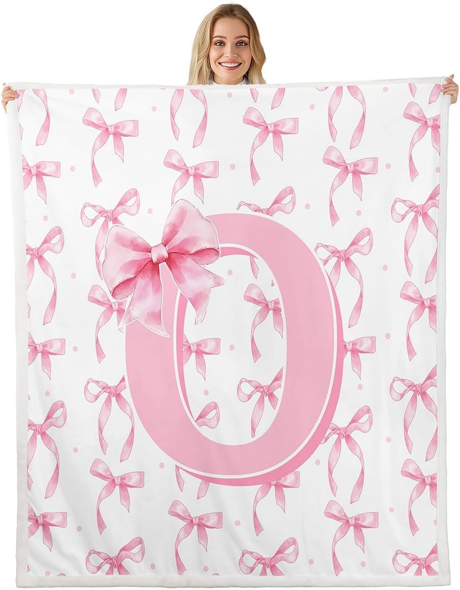 Erosebridal Cute Pink Bow Blankets for Girls Kids,Initial Letter O Blanket Throw,Pink Coquette Bow Knot Fleece Blanket 30"x40",Personalized Monogram Bows Sherpa Fuzzy Throw for Bed Couch Sofa