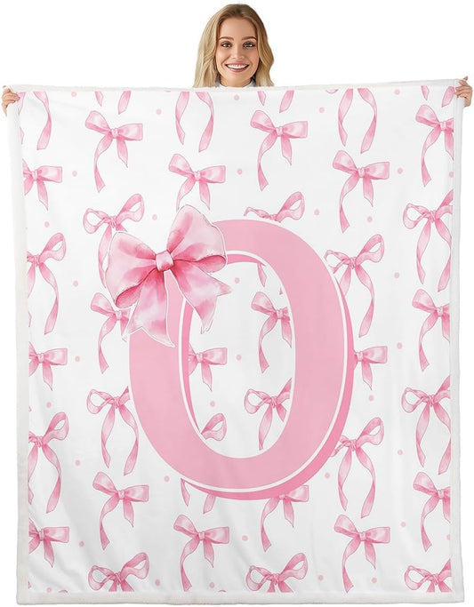 Erosebridal Cute Pink Bow Blankets for Girls Kids,Initial Letter O Blanket Throw,Pink Coquette Bow Knot Fleece Blanket 30"x40",Personalized Monogram Bows Sherpa Fuzzy Throw for Bed Couch Sofa