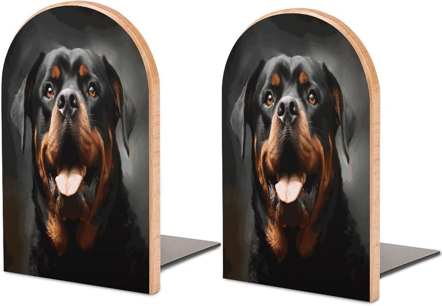 Cool Rottweiler Dog Art Bookends 1 Pair Heavy Duty Book Ends for Shelves Non-Skid Bookend Supports Wooden Book Holders with Metal Base Desk Organizers Books Storage to Hold Books