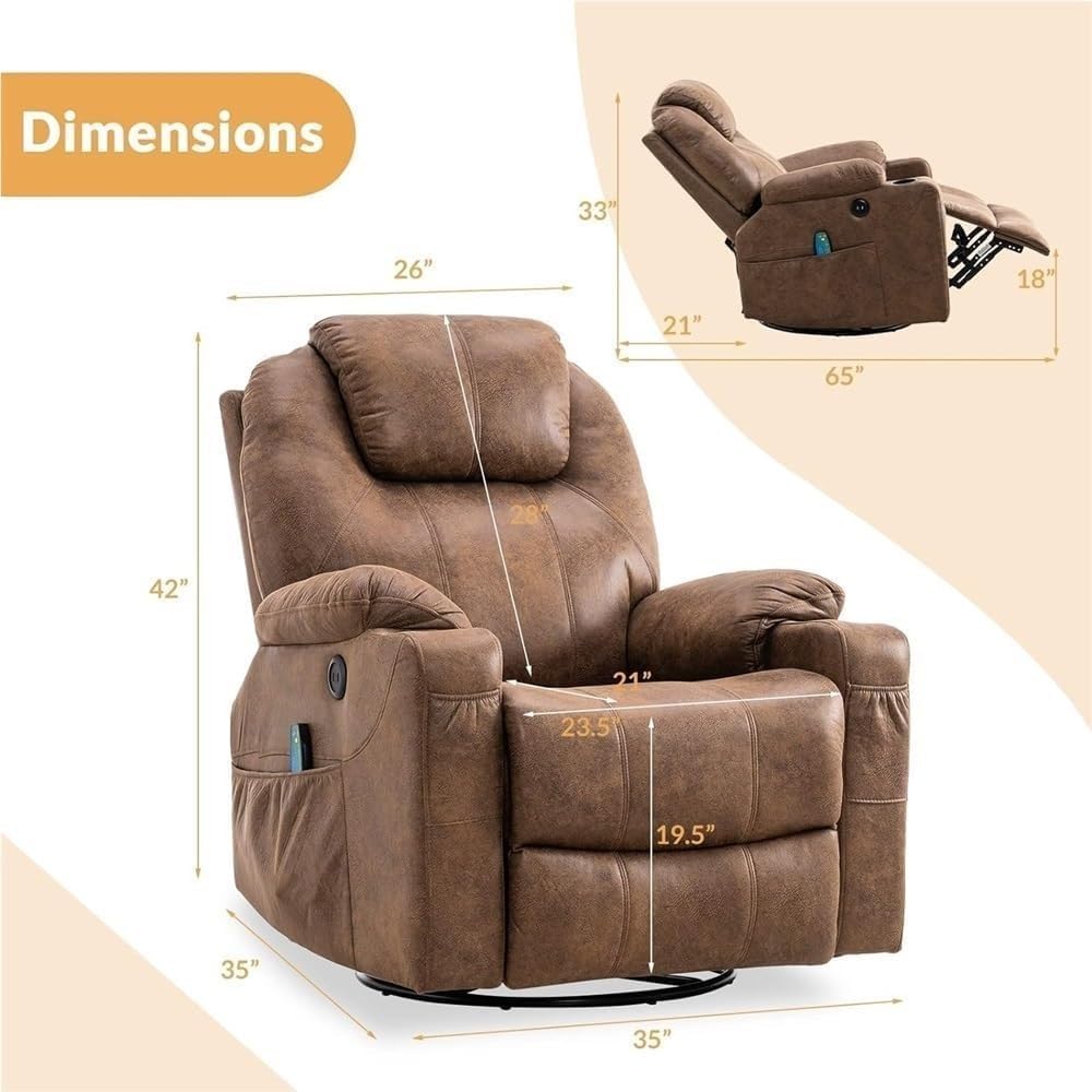 Brown Swivel Glider Recliner Chair for Adults with Heated Massage, Remote Control, Ergonomic Lounge Support, Cup Holders, Rocking and Swivel Function, Living Room Recliner Sofa