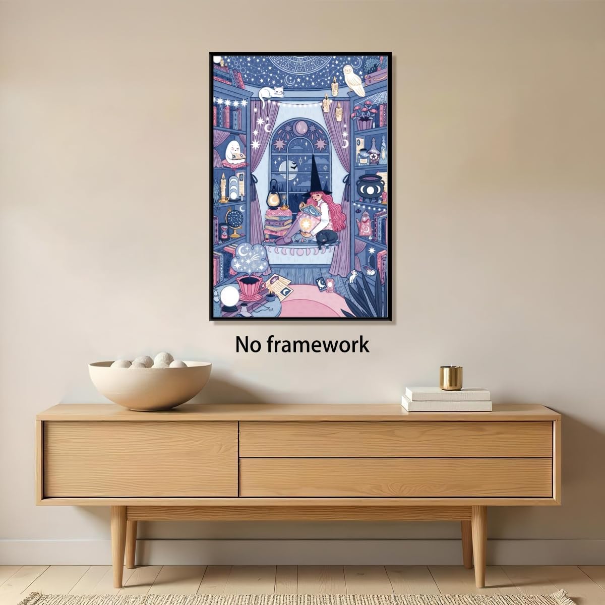 Funny Celestial Witch Room Canvas Print Halloween Wall Art Witchy Illustration Poster Magical Room Decor Astronomy Artwork Starry Sky Art Cozy Reading Nook For Bedroom 16x24inch Unframed