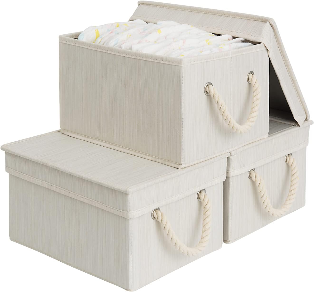 StorageWorks Storage Bins with Lids, Decorative Storage Boxes with Soft Rope Handles, Foldable Stackable Storage Baskets for Closet, Shelves, 3-Pack, Ivory and White, Medium