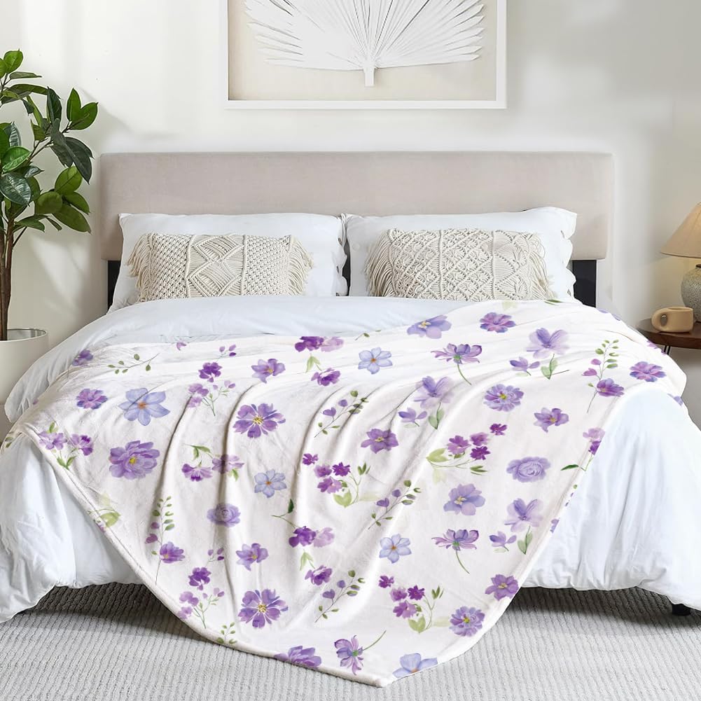 Floral Throw Blanket Purple Flowers Blanket Ultra Soft Flannel Fleece Throw Blanket Lightweight Cozy Fluffy Plush Blanket for Bed Couch Sofa 60" X 80"