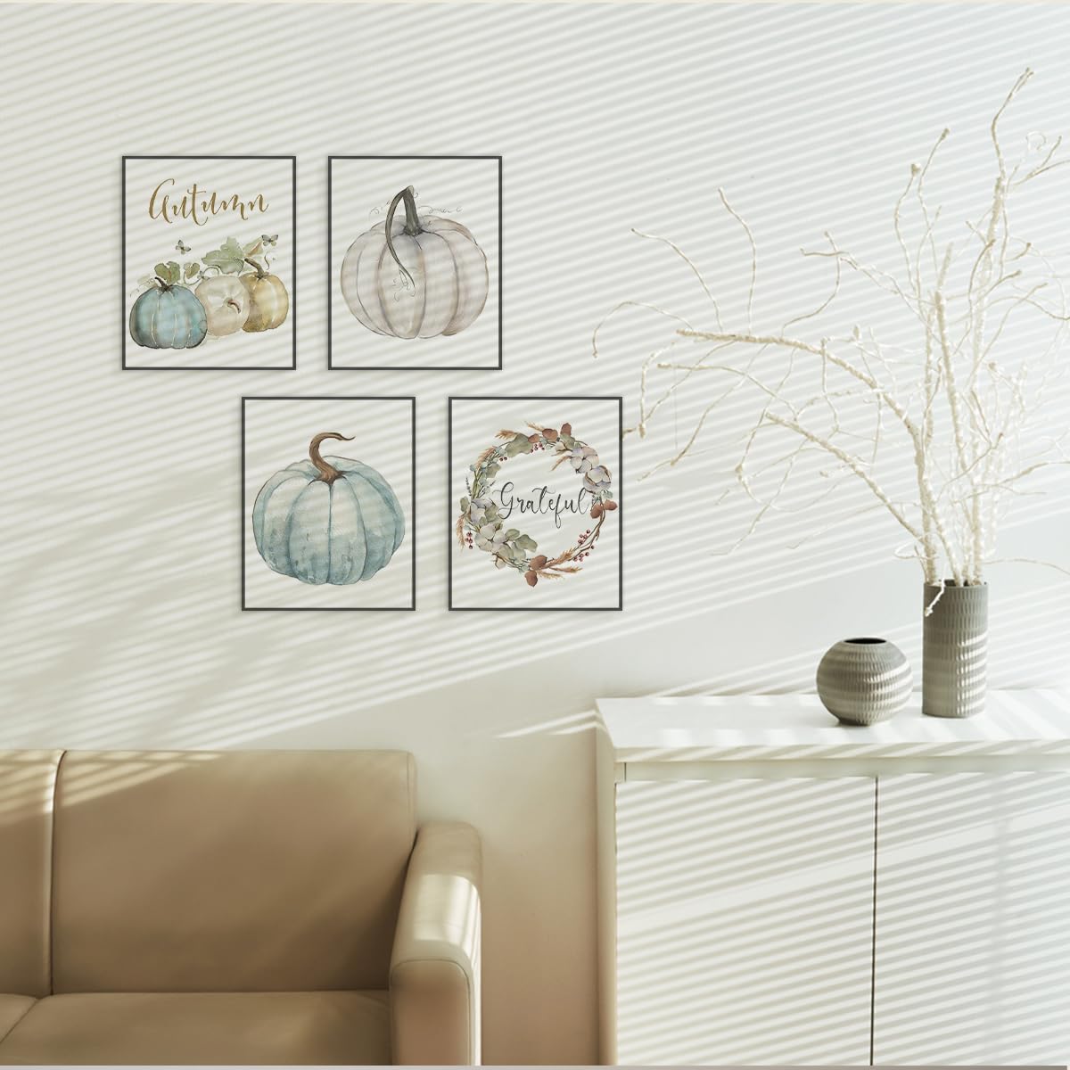 ETVISO Fall Wall Art Prints Decor Set of 4, Autumn Rustic Watercolor Pumpkin Floral Decor, Fall Decorations for Farmhouse Bedroom Living Room Home Porch Office, 8x10 (Unframed)