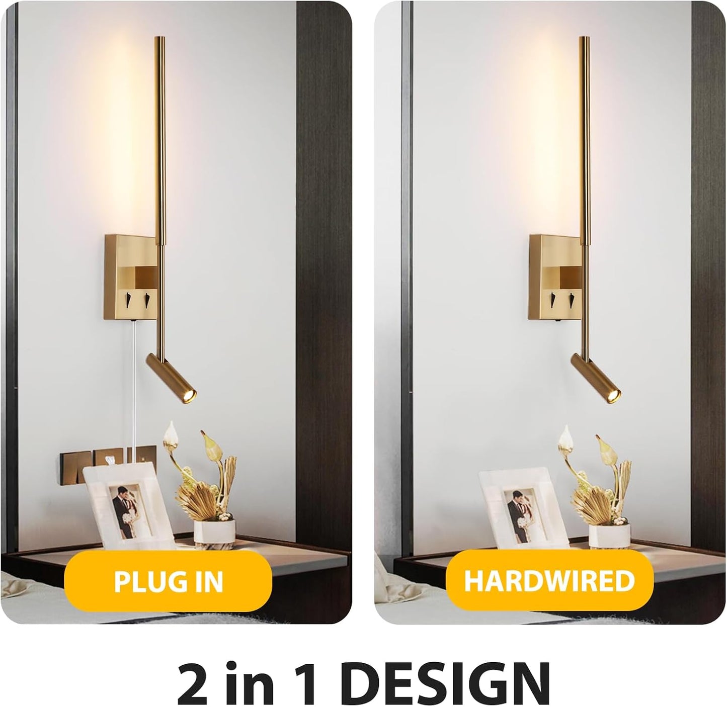 Modern Plug in Wall Sconce Indoor Ambient Lighting for Bedroom, Gold LED Wall Mounted Reading Lamp with Switch, Corded Minimalist Linear Wall Light with 5.9FT Clear Cord for Living Room Corner Hallway