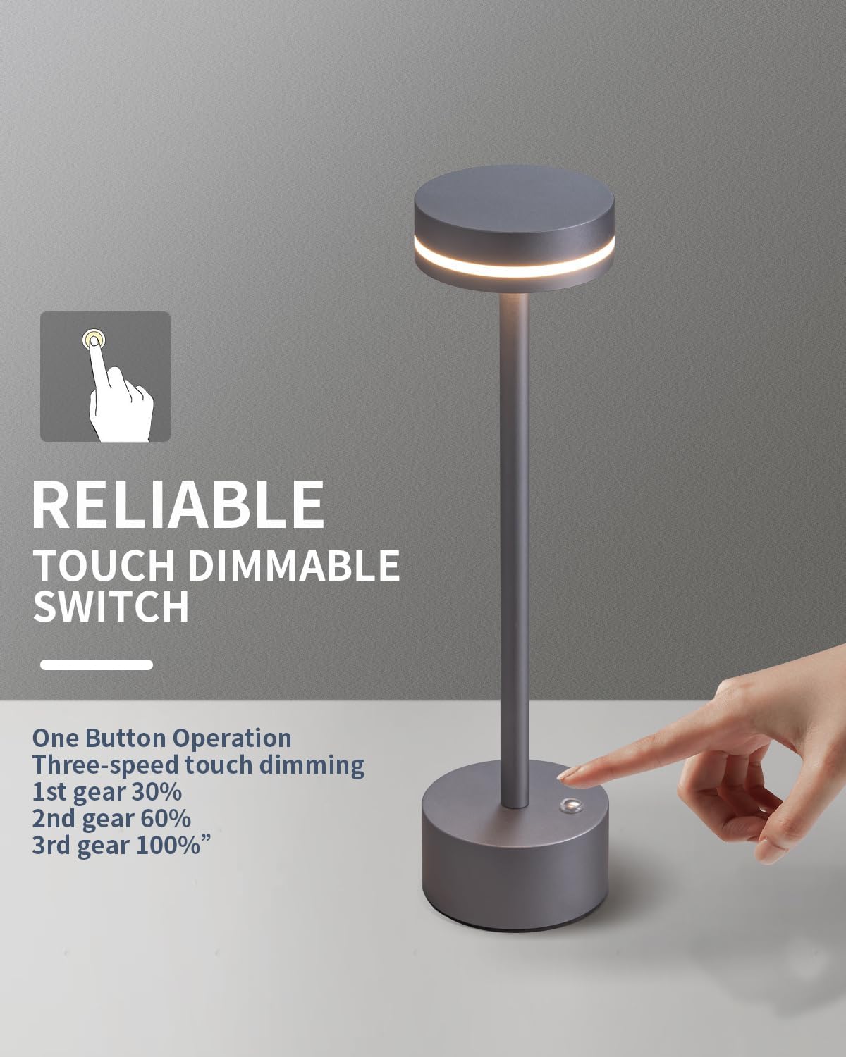 PUSU Portable Table Lamp Battery Powered LED Lamp Cordless Table Lights 3-Level Brightness Touch Control, for Home Office Bedroom Hotel Room Restaurant Outdoor(Gray)
