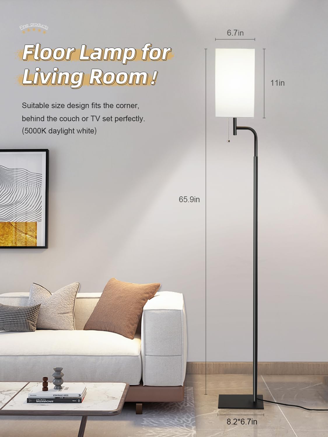 Modern Floor Lamps with 3 Color Temperatures, Minimalist Pole Lamp with Square Linen Shade & Flat Base for Living Room, Bedroom, Office or Kids Room