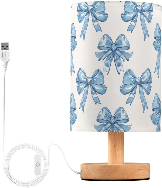 Bedside Table Lamp Blue Bows Printed Nightstand Lamp with Wood Desk Lamps for Bedroom Living Room Nursery Office Home Decor