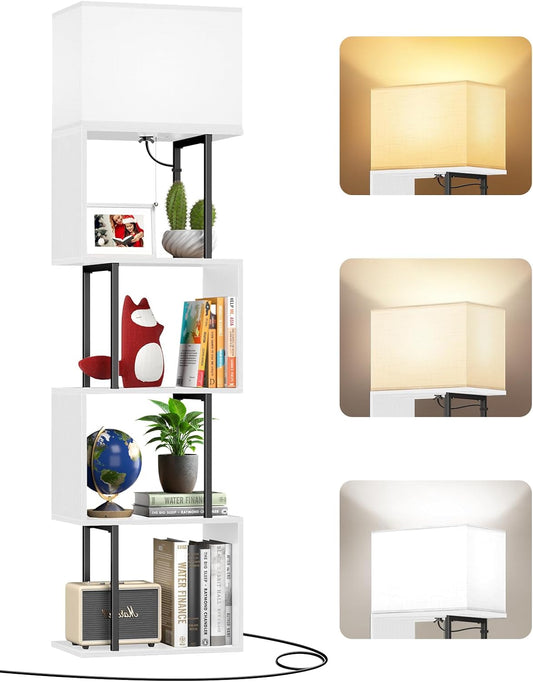 5-Tier Floor Lamp with Shelves & Remote, Dimmable S-Shaped Bookshelf with 3 Color Temperature, 1-Hour Timer, Tall Corner Standing Lamp for Living Room, Bedroom, Office(Black White)