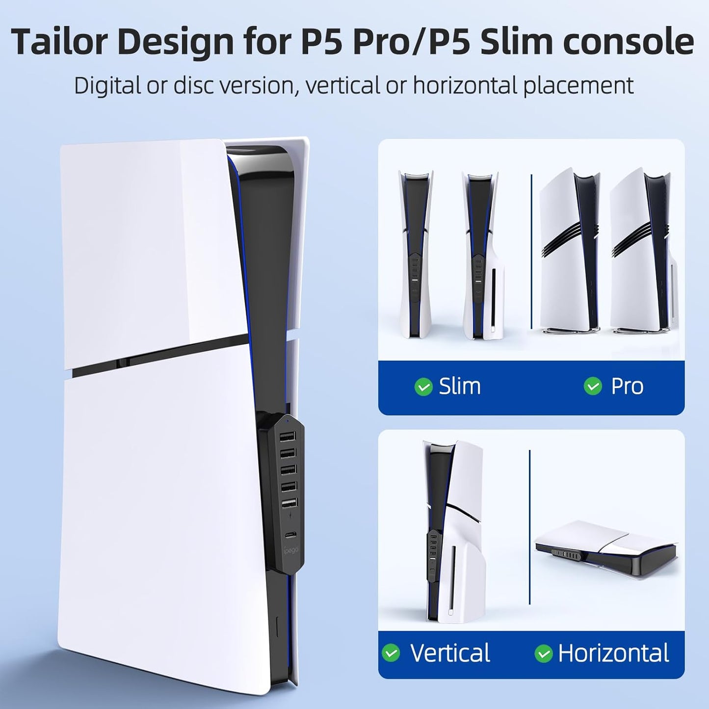 6 Ports USB Hub Only for PS5 Pro/Slim Console Disc ＆ Digital, High-Speed Extra USB Port Extender for PS5 Slim Pro Accessories, Charging Adapter with 1 Type C 3.0 + 4 USB-A 2.0 + 1 Port