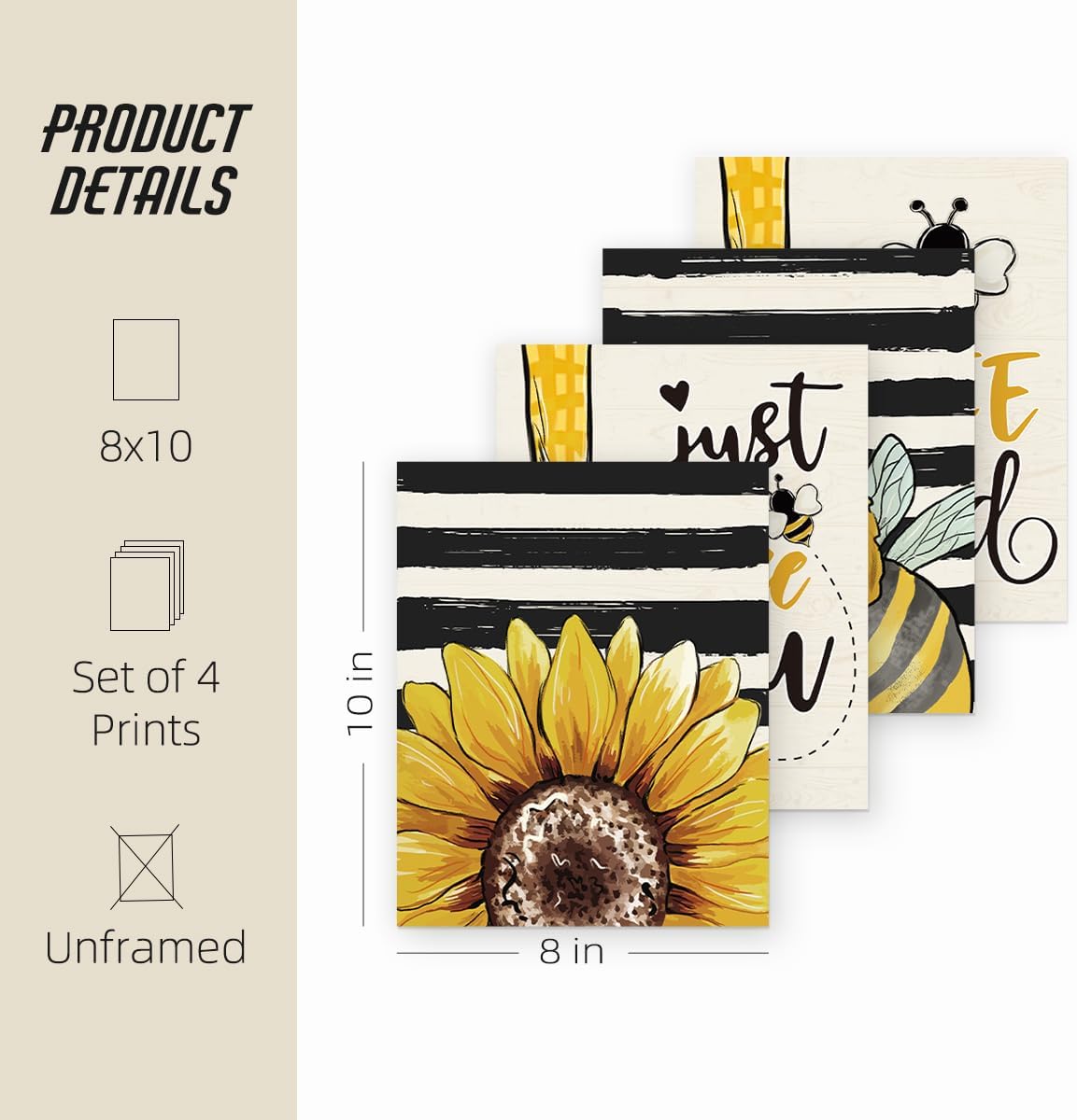ETVISO Bee Decorations Summer Spring Yellow Wall Art Prints 8x10,Honey Bee Summer Decor For Home, Bee Kind Decor And Accessories Farmhouse Decorations Wall Art Prints,Living Room Set of 4 Unframed
