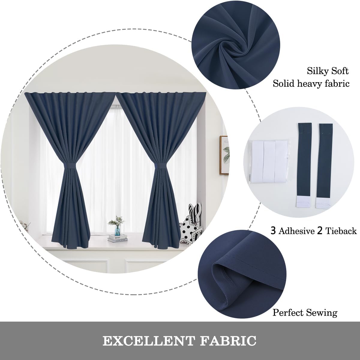 Muamar No Drill Blackout Curtain, Easy Install Window Curtain Panels, Portable Bedroom Curtains 2 Panel Sets, Light Blocking Shades for Window (Navy Blue, 42" W x 84" L)