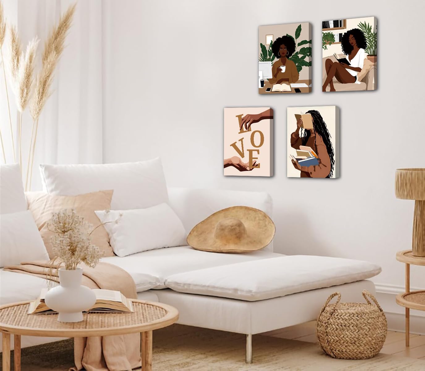 African American Books Wall Art Prints,Framed Black Girl Reading Canvas Poster,Book Lover Painting Artwork,Modern Black Woman With Book Art Wall Decor for Bedroom Living Room,Set of 4(8"X10"