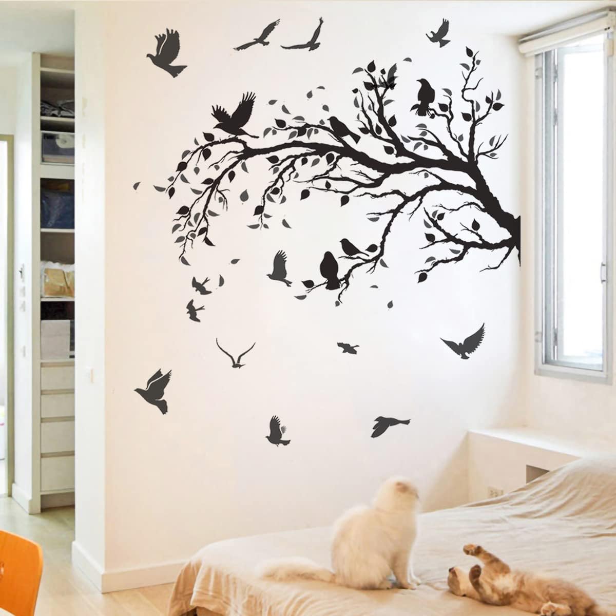 Black Tree Branch Flying Birds Wall Decal 50" × 30" DIY Birds Leaves Wall Stickers Peel & Stick Removable Vinyl Art Decals for Living Room Bedroom TV Background Wall Decor