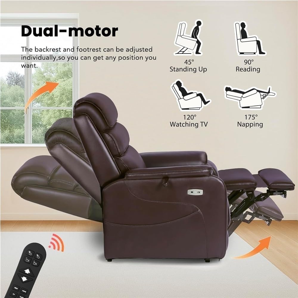 Power Lift Recliner Chair Wide Lay Flat Electric Lift Chair for Elderly Oversized Leather Recliner Sofa with Heat Massage Charging Ports Heavy Duty Power Recliner for Adults