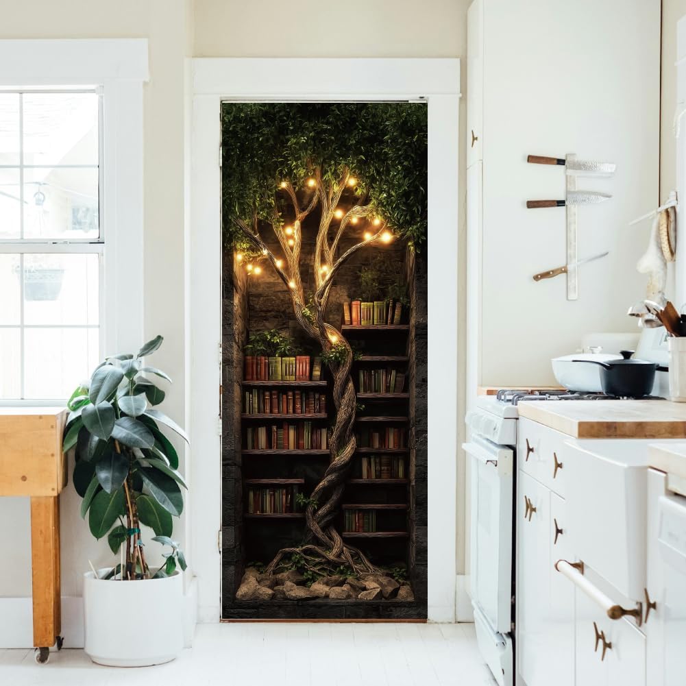 arricraft 2 Pcs Self-Adhesive Door Sticker, 31.5"x78.7" Fantasy Tree-Shaped Bookshelf Retro Bookshelf Light Tree Murals Stickers PVC Removable Wallpaper Decoration for Bedrooms Living Room