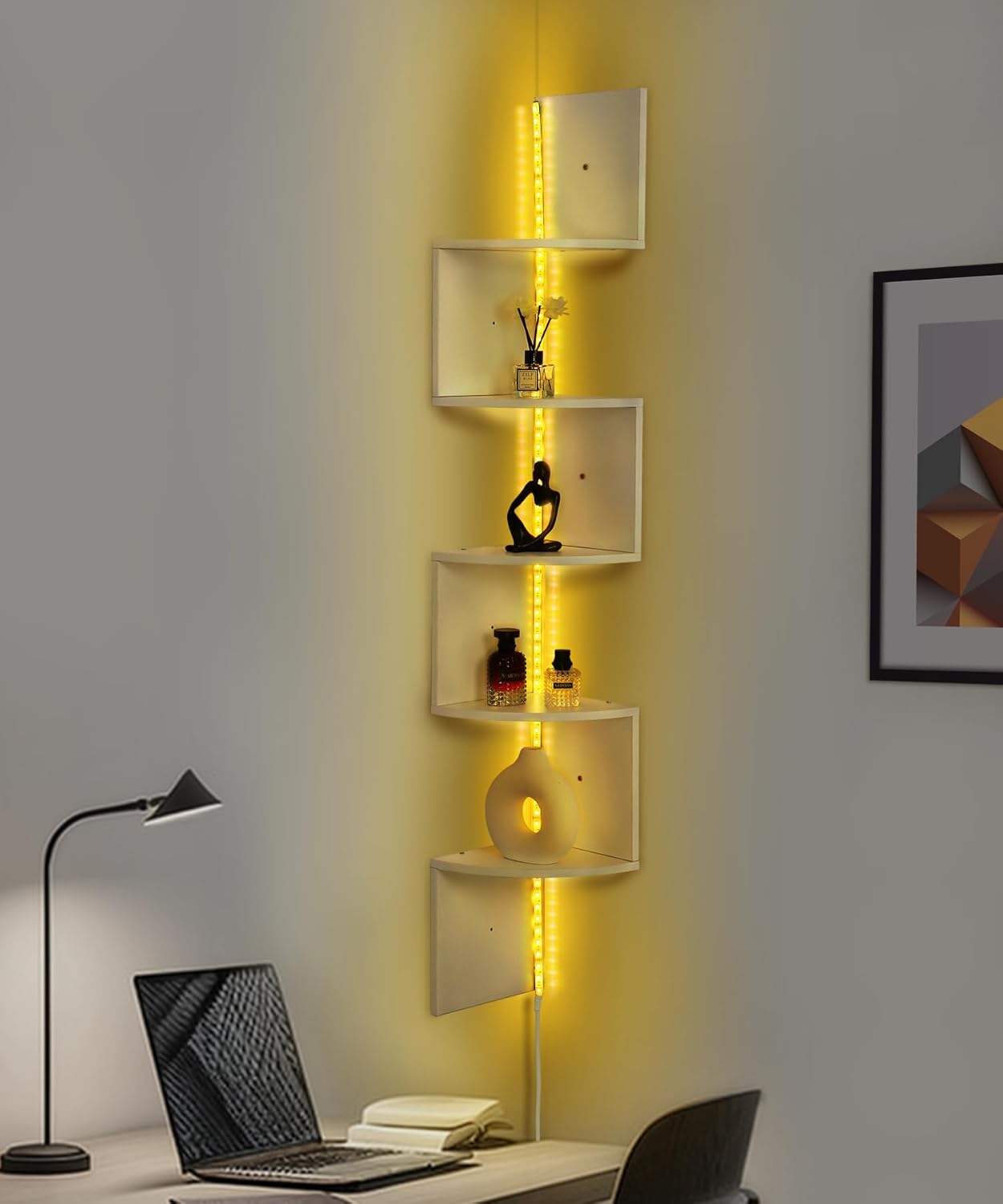 5 Tiers Corner Shelf with RGB LED Lights, 49.2" Wall Mount Floating Corner Display Shelf for Living Room Bedroom Home Office Decor, APP & Remote Control (White)