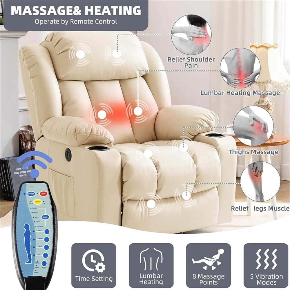 Electric Power Lift Recliner Chair with Heat and Massage for Elderly Adults Extended Footrest USB Ports Side Pockets Ergonomic Living Room Sofa Furniture