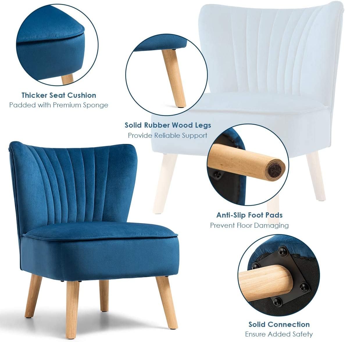 LUARANE Armless Velvet Accent Chair, Modern Leisure Chair with Curved Backrest Thick Sponge Cushion Wood Legs, Small Upholstered Wingback Sofa Chair for Bedroom Living Room (1, Blue)