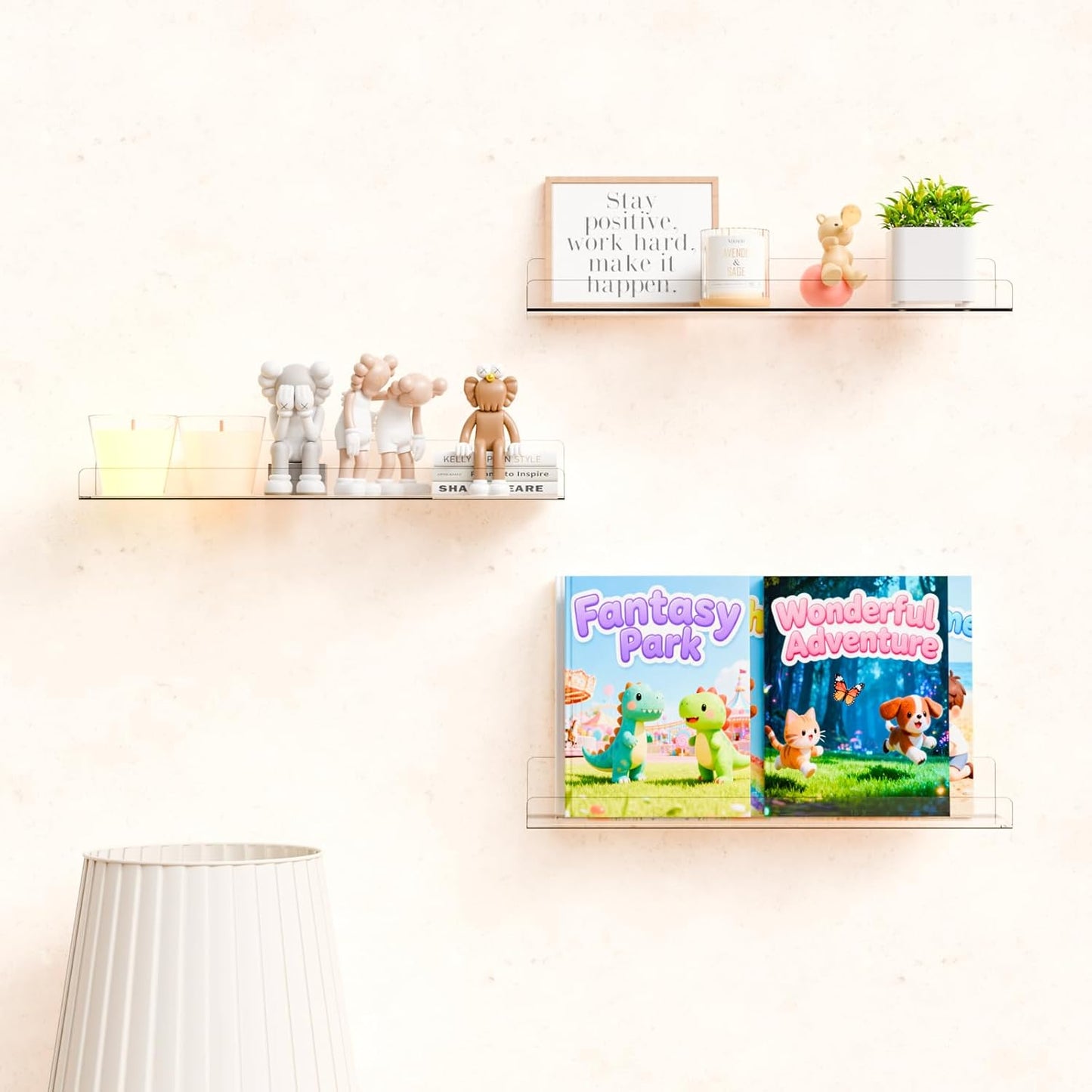 Yieach 4 Pack 15" Acrylic Shelves for Wall,Bathroom,Bedroom - with Adhesive - No Drilling Clear Floating Shelves for Funko Pop,Lego,Action Figures,Nail Polish,Perfume Shelf and Wall Storage & Display