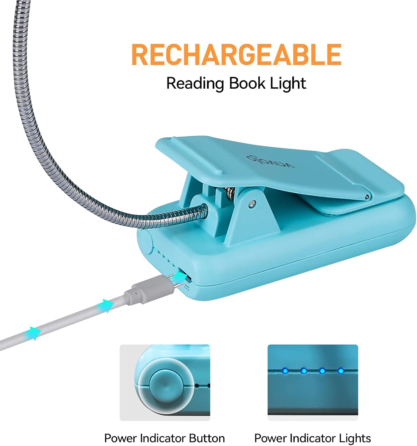 VAVOFO Rechargeable Book Light, Blue Light Blocking, Amber 1600K Clip On Reading Light, Eye Care 7 LEDs Kids Book Light for Reading in Bed with Power Indicator for Bookworms (Mint Blue)