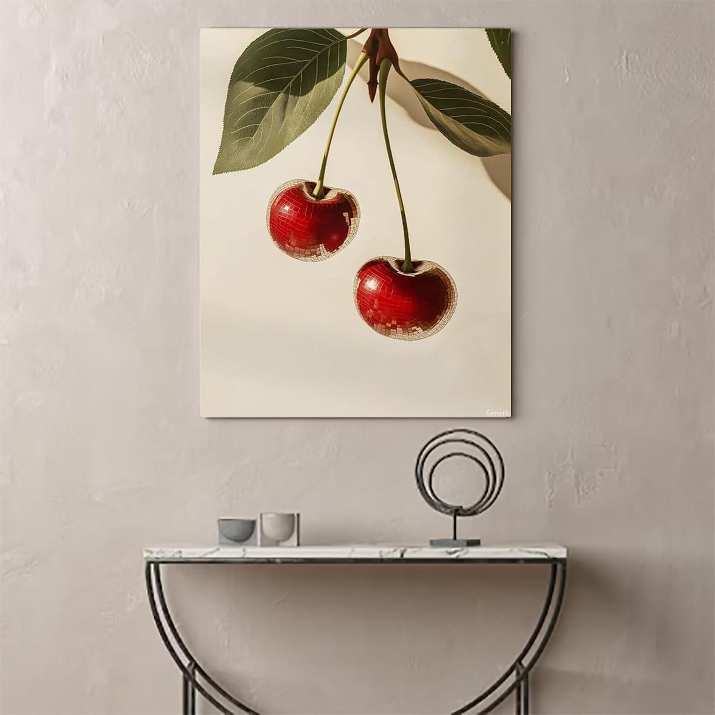 Red Disco Ball Cherry Canvas Wall Art Trendy Preppy Fruit Poster Vintage Art Prints for Bedroom Kitchen Wall Decor 8x10inch Framed