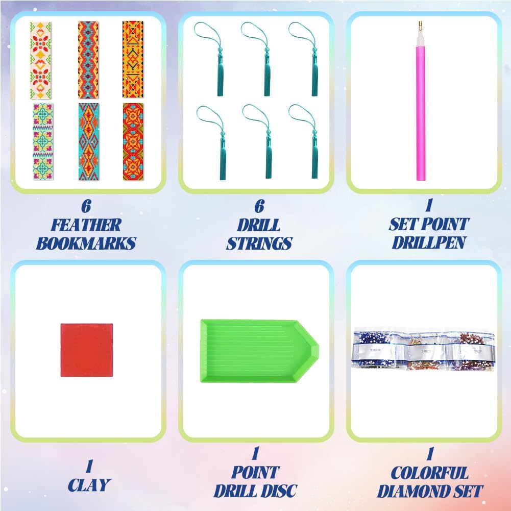 6Pcs Geometric 5D Diamond Art Bookmarks Vintage Floral Diamond DIY Painting Bookmarks Rhinestones Beaded Acrylic Tassel Bookmark for Adult Beginner Crafts