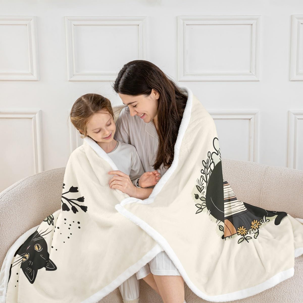 jejeloiu Black Cat Sherpa Throw Blanket for Couch Garden Floral Super Soft Cozy Fleece Cute Kitten Blanket for Winter, Plush Throw Reading Book Throw 50"x60" All Season
