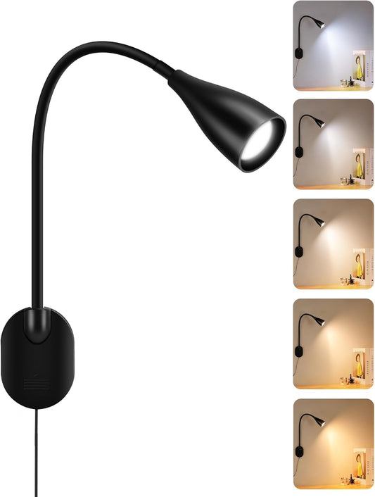 LED Wall Mounted Reading Light, 5 Color Modes 10 Brightness Dimmer, USB Charging Port, Memory & Timer, Adhesive Book Light for Reading in Bed, Eye-Caring Wall Lamps for Bedside Reading Bedroom Black