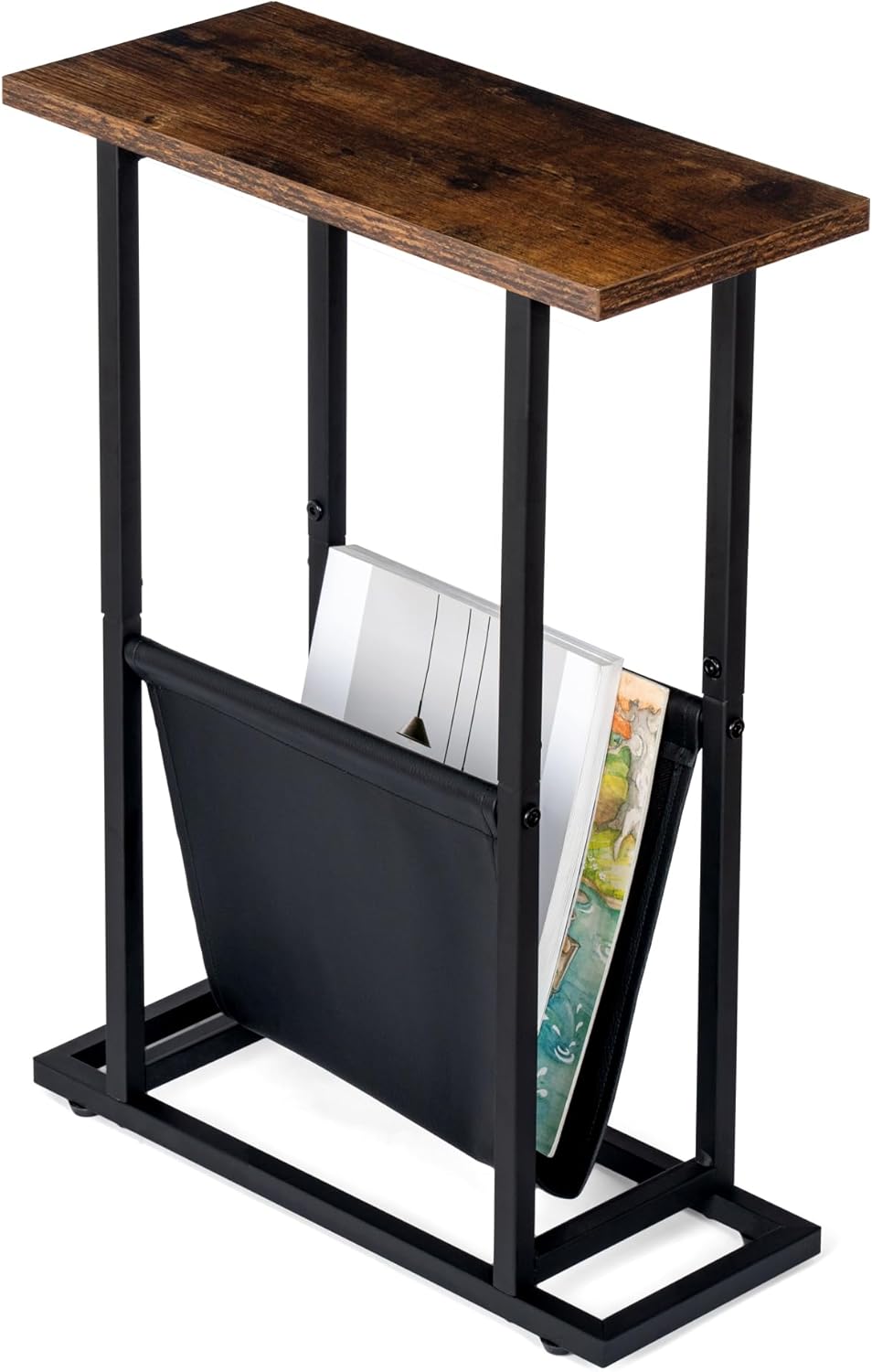 Narrow Side Table with PU Leather Magazine Holder Rustic Slim Little Thin Table for Living Room, Bedroom, Sofa, Rustic Brown