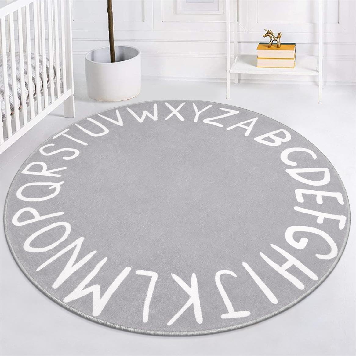 LIVEBOX ABC Play Room Round Rug for Kids Bedroom, Alphabet Area Rug Circle Washable Rug for Playroom Classroom Tent, Non-Slip Crawling Mat Circular Learning Carpet for Teen Boys and Girls (59",Grey)