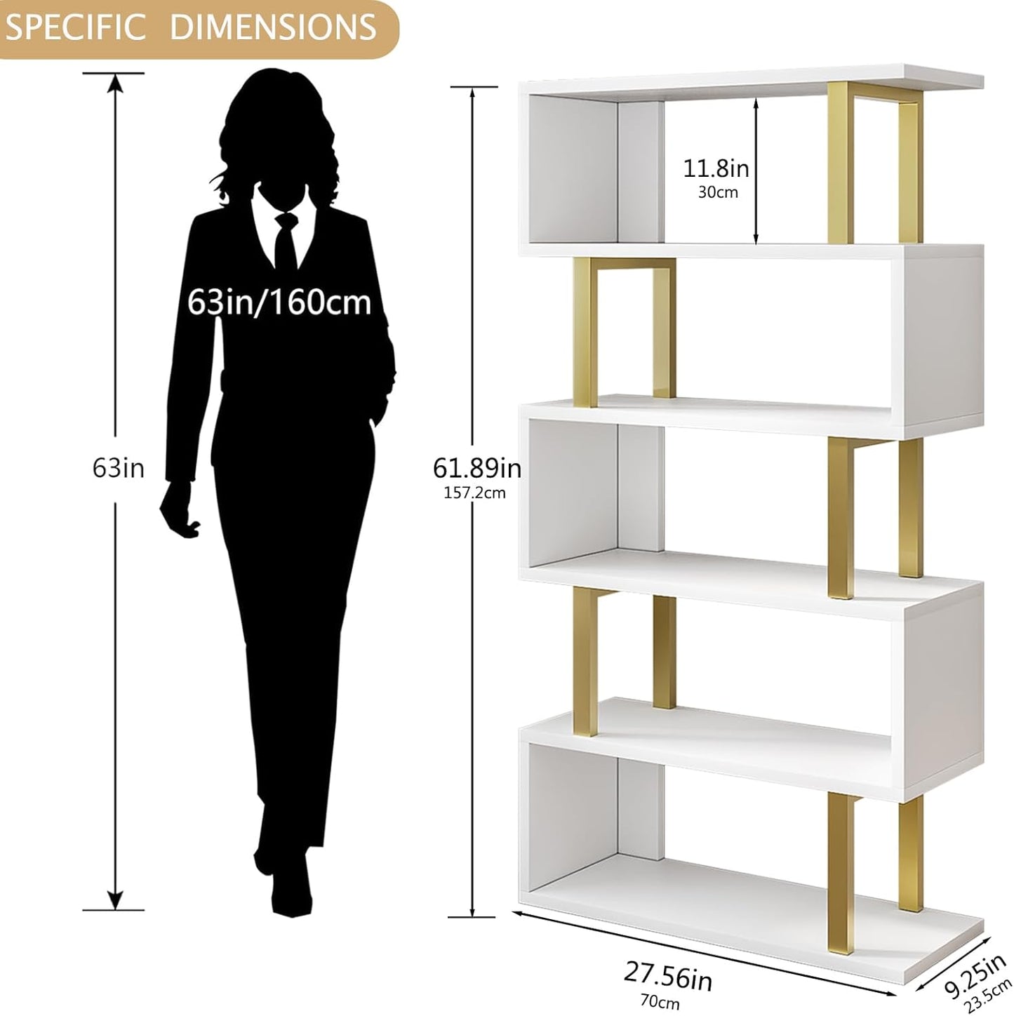 SORCEDAS Bookshelf Geometric Bookcase S Shaped Industrial Bookshelf Storage Display Stand Shelf for Living Room Bedroom and Office Room (White, 5 Tier)