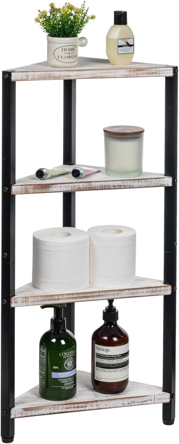 MyGift 4 Tier Corner Shelf Stand, Bathroom Floor Shelf, Decorative Storage for Entryway, Freestanding Bookshelf Display, Shabby White Washed Solid Wood and Matte Black Metal