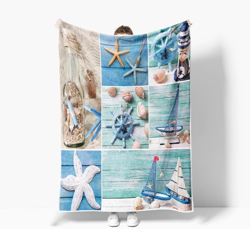 Nautical Throw Blanket for Couch/Bed, Ocean Beach Blanket, Cozy Super Warm Soft Microfiber Fuzzy Flannel Blanket for Kids Girls Boys, Starfish Seashel