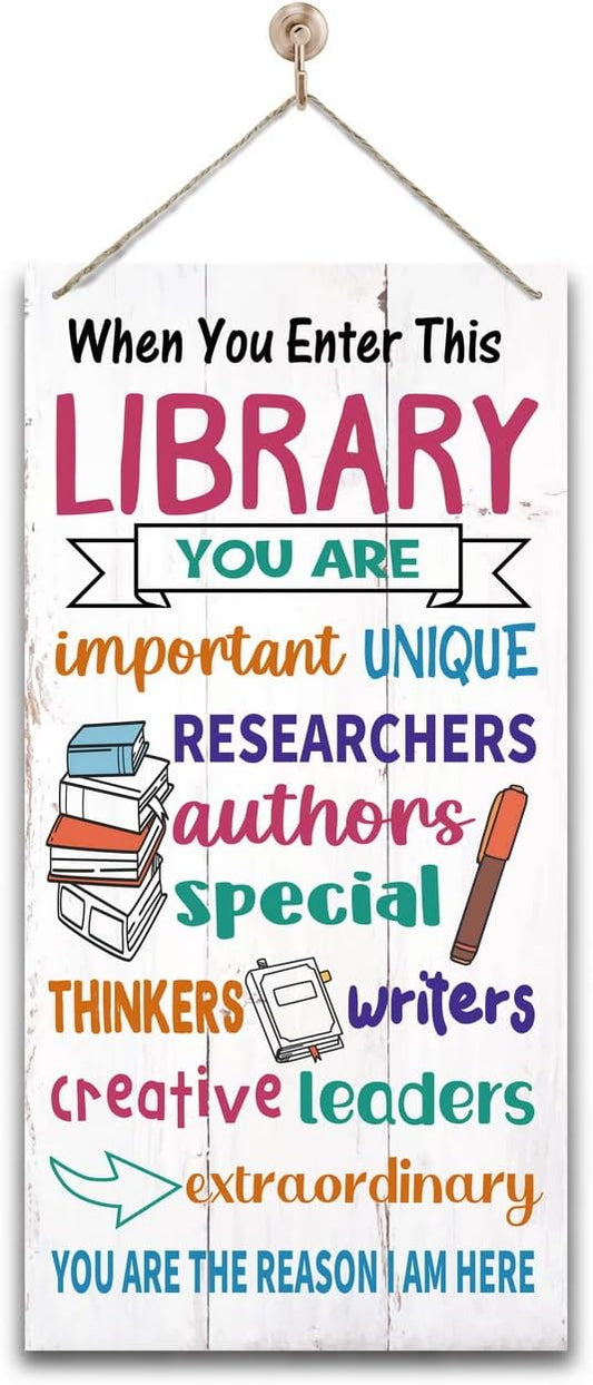 Library Signs Decor, Hanging Wood Sign Library Décor, Primitive Wood Wall Art Sign, Motivational Office Wall Sign, Wood Wall Décor, Rustic Library Wall Décor, Library Welcome Sign Door Sign