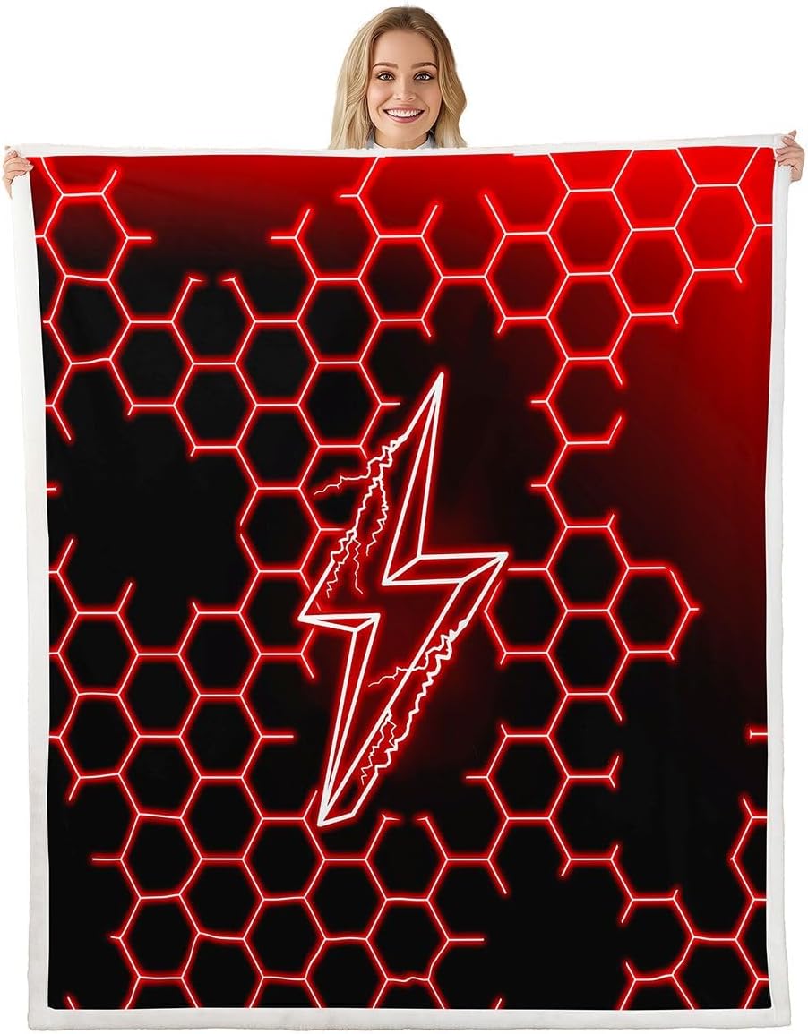 Feelyou Lightning Fleece Throw Blanket Twin 60"x80" for Bed Sofa Couch Red Honeycomb Fuzzy Blanket Geometric Gaming Design