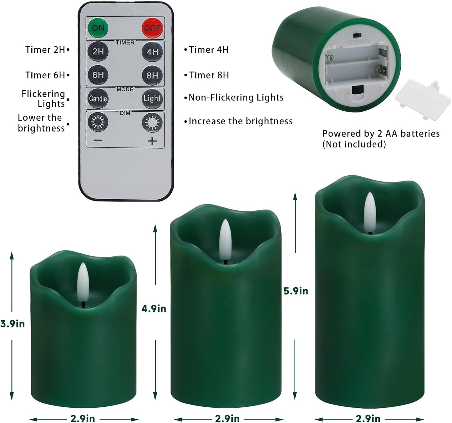 Flameless Candles Lights, Set of 3 Flickering LED Candles with Remote & Timer, Dimmable Electric Pillar Candles Battery Operated, Green Candles for Home St. Patrick’s Day Christmas Decor (Green)