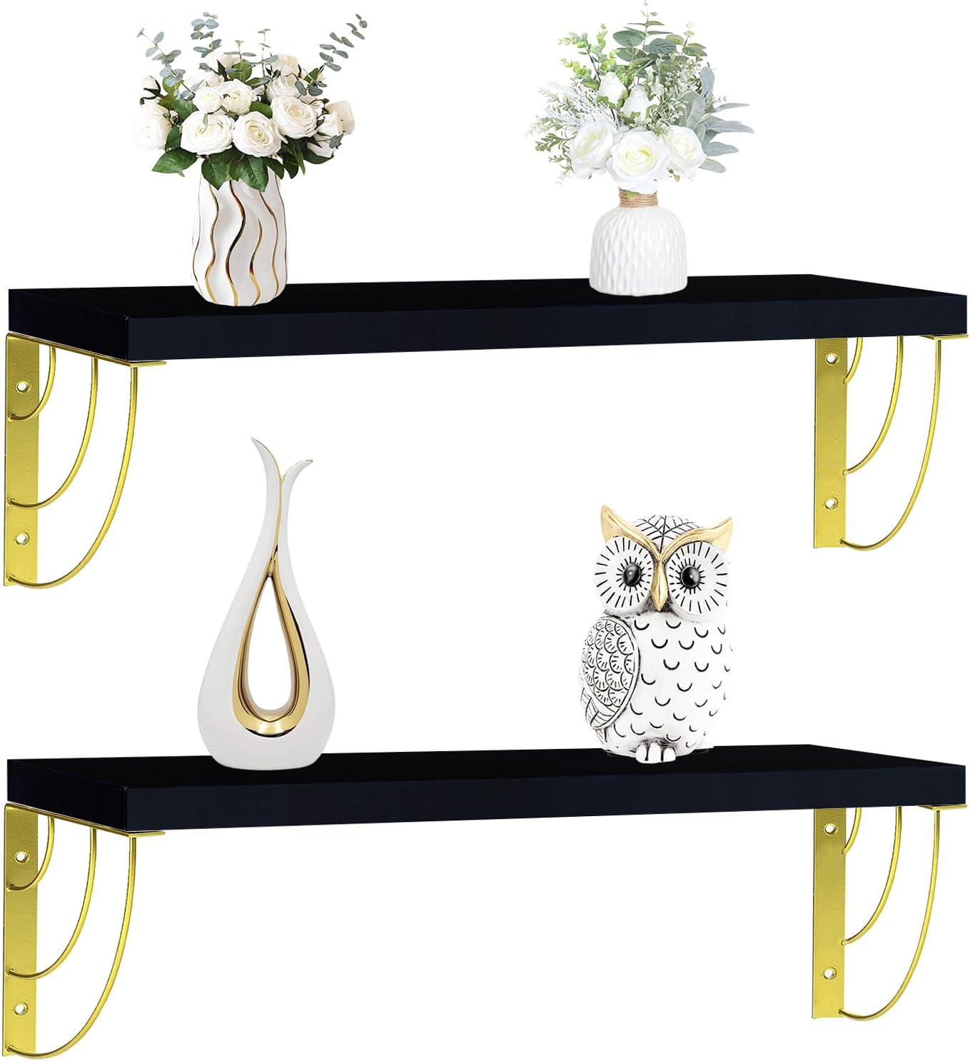 16 inch Black and Gold Floating Shelves - Curved Fan-Shaped Design with Built-in Anti-Slip Book Stops|0.71" Thicker Heavy Duty Wall Mounted Bookshelf|Book Shelf for Wall,Plants & Home Décor Set of 2